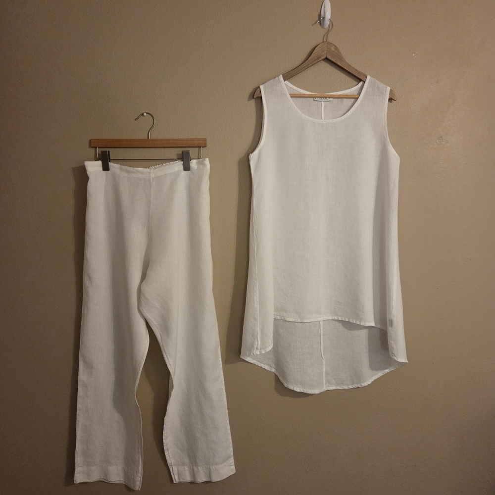BRYN WALKER 2โ Piece Set White Linen Tunic White Linen Pants Lagenlook Women's L - Picture 1 of 15